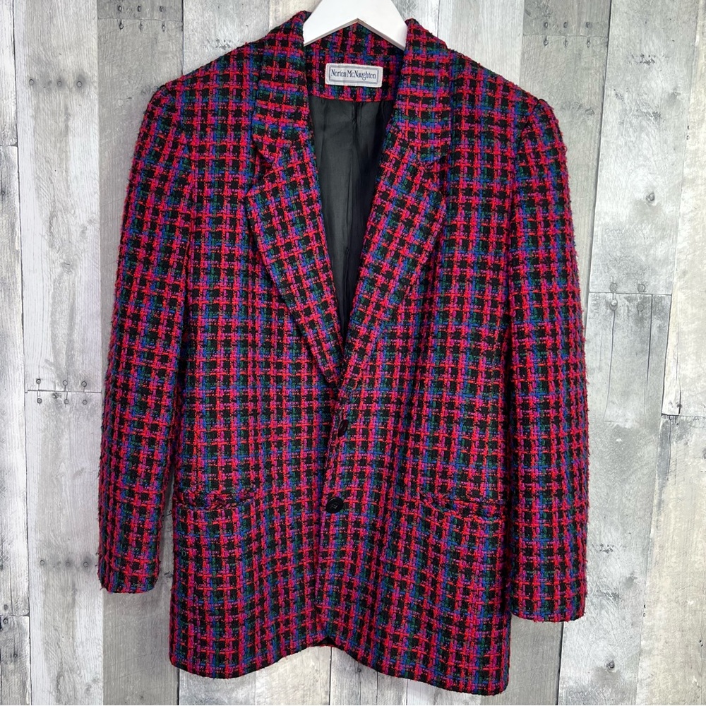 NORTON MCNAUGHTON Vintage 1990’s Red Blue Purple Plaid Blazer Wool Blend Size L